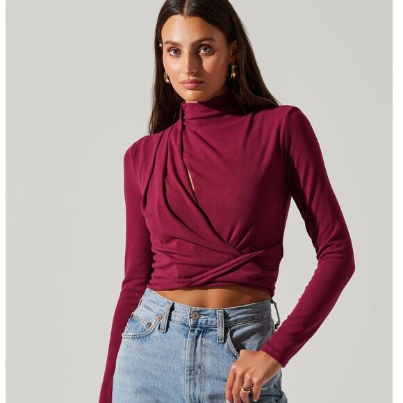 Astr Tops - ASTR Asymmetrical Pleated Cutout Mock Neck Top